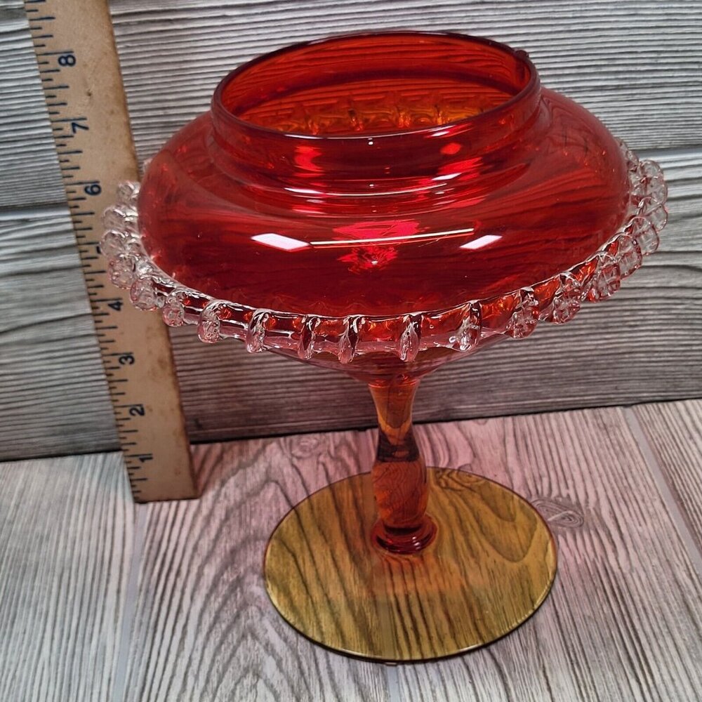 Vintage Ruby Red‎ Art Glass Pedestal Compote Bowl Clear Ruffled Edge 7.5 Inch - Picture 11 of 13